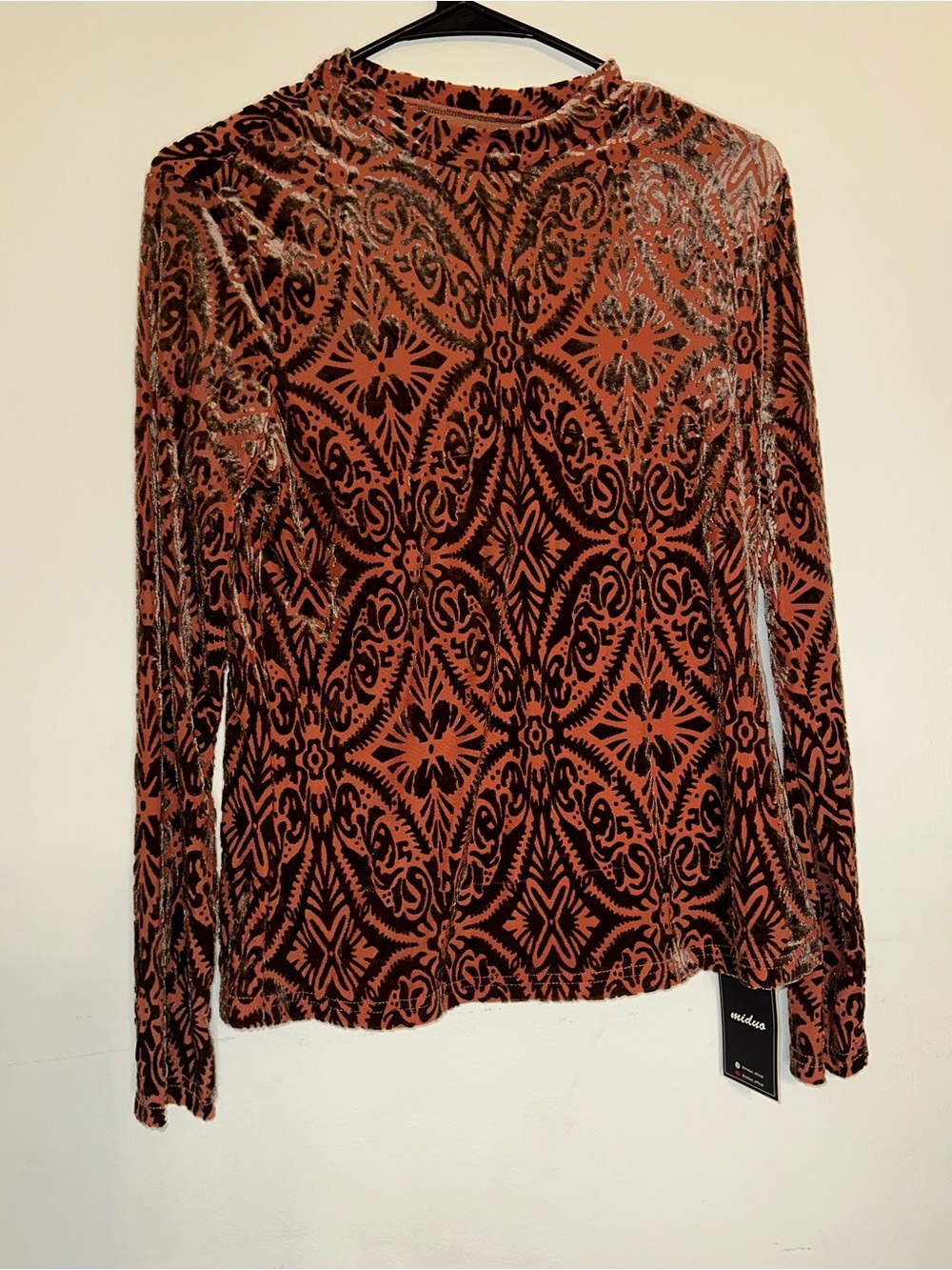 Women's Velvet Burnout Long-Sleeve Top in Rust and Black